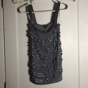 blue/grey express tank top with ruffle details